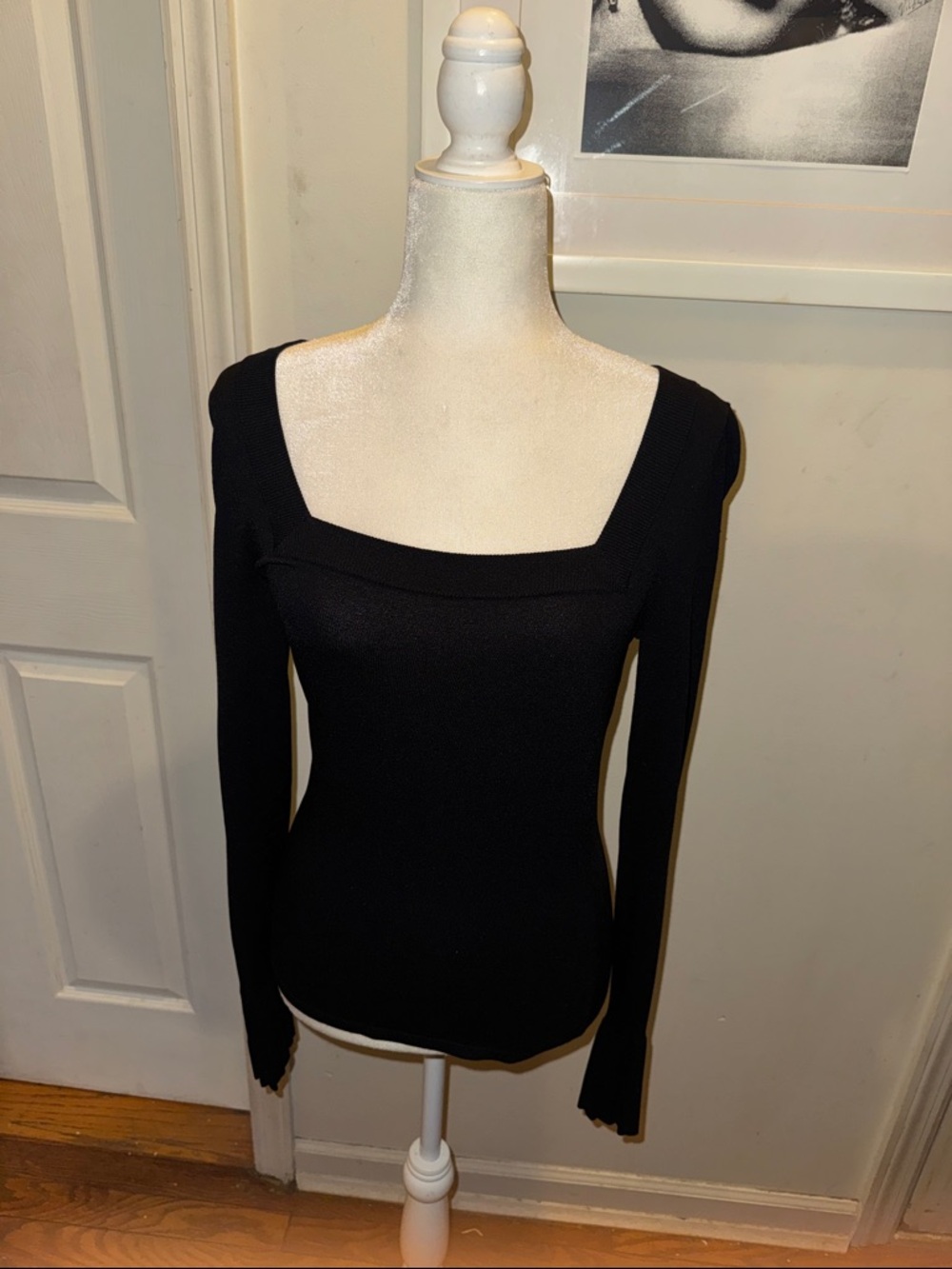 Bordeaux Black Square-Neck Ribbed Long-Sleeve Top